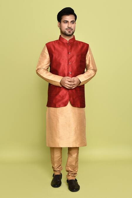 Shop_Arihant Rai Sinha_Gold Silk Solid Kurta And Nehru Jacket Set _Online_at_Aza_Fashions