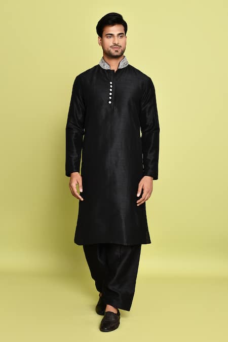 Buy_Arihant Rai Sinha_Black Silk Sequins, Embroidery Collar Kurta With Pant 