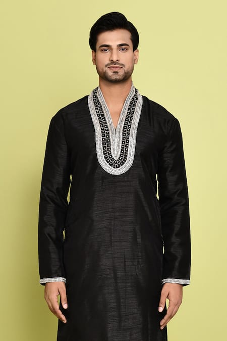 Buy Arihant Rai Sinha Black Cotton, Silk Stones, Contrast Embroidered Neck Straight Kurta With Pant Online at Aza Fashions Buy_Arihant Rai Sinha_Black Cotton, Silk Stones, Contrast Embroidered Neck Straight Kurta With Pant _Online_at_Aza_Fashions