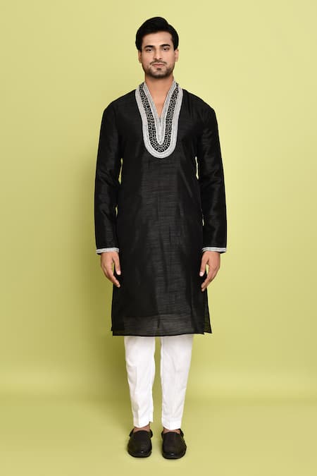 Shop_Arihant Rai Sinha_Black Cotton, Silk Stones, Contrast Embroidered Neck Straight Kurta With Pant _Online_at_Aza_Fashions
