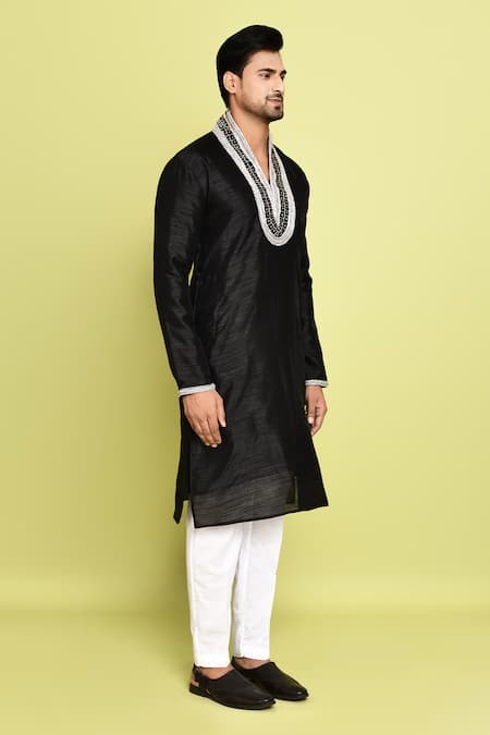 Arihant Rai Sinha_Black Cotton, Silk Stones, Contrast Embroidered Neck Straight Kurta With Pant _at_Aza_Fashions