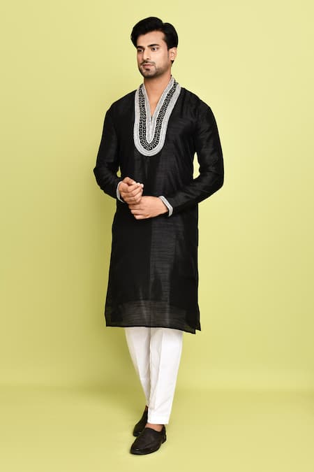 Buy_Arihant Rai Sinha_Black Cotton, Silk Stones, Contrast Embroidered Neck Straight Kurta With Pant 