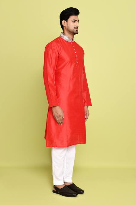 Arihant Rai Sinha_Red Cotton, Rayon Beads, Stones Embroidered Collar Straight Kurta With Pant _at_Aza_Fashions