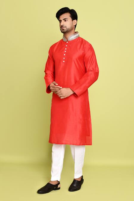 Buy_Arihant Rai Sinha_Red Cotton, Rayon Beads, Stones Embroidered Collar Straight Kurta With Pant 
