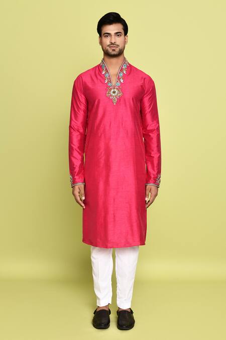 Shop_Arihant Rai Sinha_Fuchsia Cotton, Silk Embroidery, Stones Resham Kurta With Pant _Online_at_Aza_Fashions