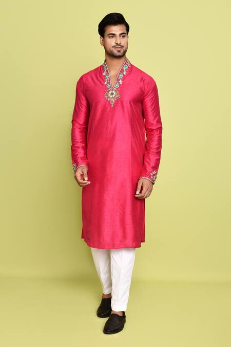 Buy_Arihant Rai Sinha_Fuchsia Cotton, Silk Embroidery, Stones Resham Kurta With Pant 