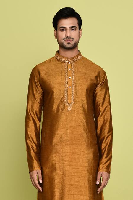 Buy Arihant Rai Sinha Gold Cotton, Silk Embroidery Thread Kurta With Pant Online at Aza Fashions Buy_Arihant Rai Sinha_Gold Cotton, Silk Embroidery Thread Kurta With Pant _Online_at_Aza_Fashions