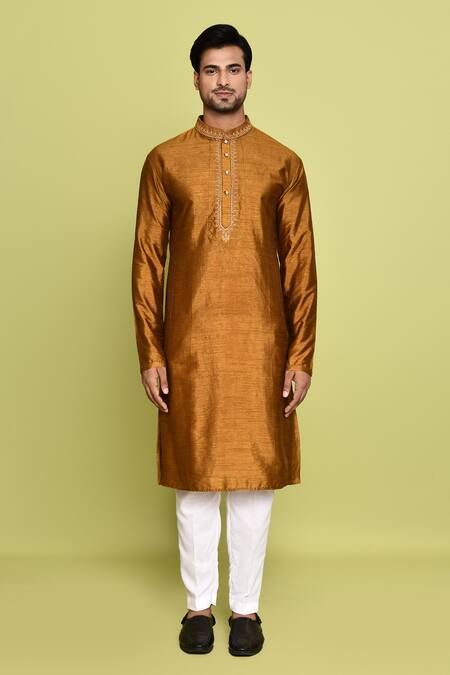Shop_Arihant Rai Sinha_Gold Cotton, Silk Embroidery Thread Kurta With Pant _Online_at_Aza_Fashions