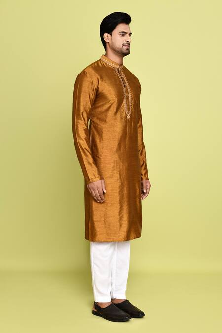 Arihant Rai Sinha_Gold Cotton, Silk Embroidery Thread Kurta With Pant _at_Aza_Fashions