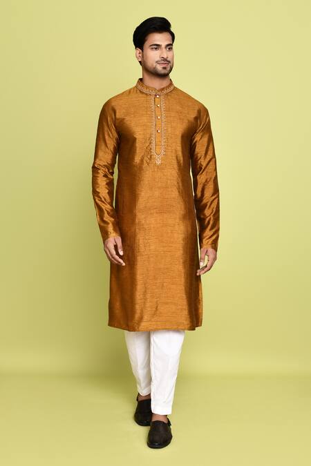 Buy_Arihant Rai Sinha_Gold Cotton, Silk Embroidery Thread Kurta With Pant 