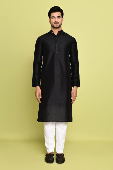 Shop_Arihant Rai Sinha_Black Cotton, Silk Embroidery Nehru Jacket And Kurta Set _Online_at_Aza_Fashions