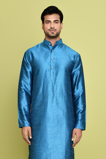 Buy_Arihant Rai Sinha_Blue Cotton, Silk Solid Kurta With Pant_Online_at_Aza_Fashions