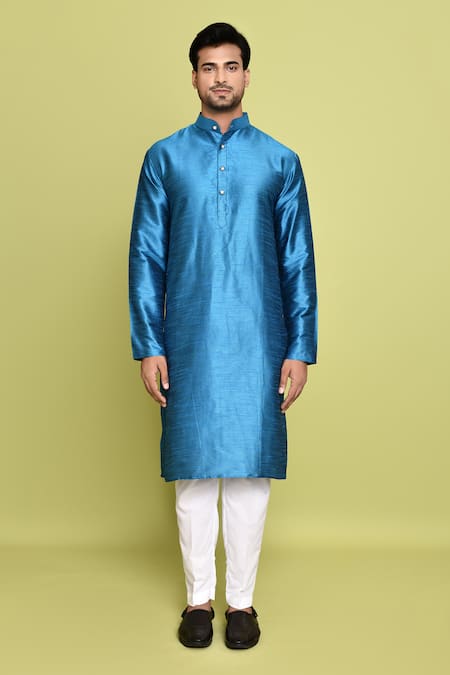 Shop_Arihant Rai Sinha_Blue Cotton, Silk Solid Kurta With Pant_Online_at_Aza_Fashions