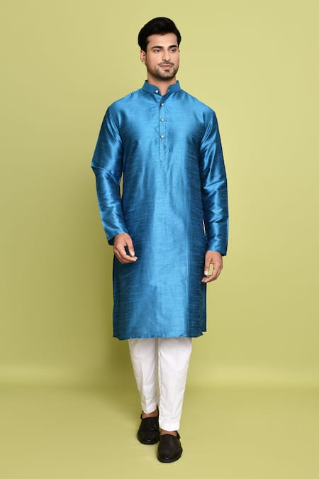 Buy_Arihant Rai Sinha_Blue Cotton, Silk Solid Kurta With Pant
