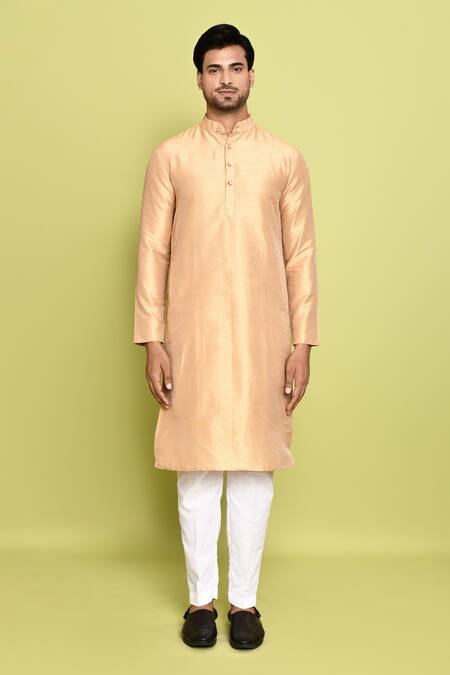 Shop_Arihant Rai Sinha_Gold Cotton, Silk Straight Solid Kurta With Pant _Online_at_Aza_Fashions