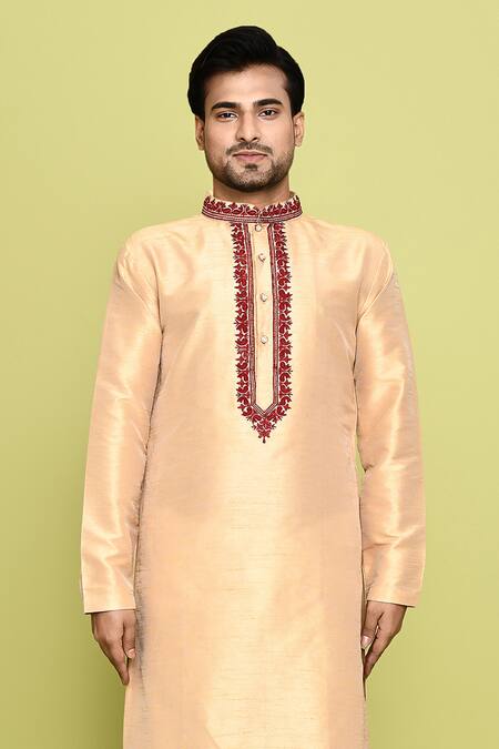 Buy Arihant Rai Sinha Gold Cotton, Silk Embroidery Contrast Straight Kurta With Pant Online at Aza Fashions Buy_Arihant Rai Sinha_Gold Cotton, Silk Embroidery Contrast Straight Kurta With Pant _Online_at_Aza_Fashions