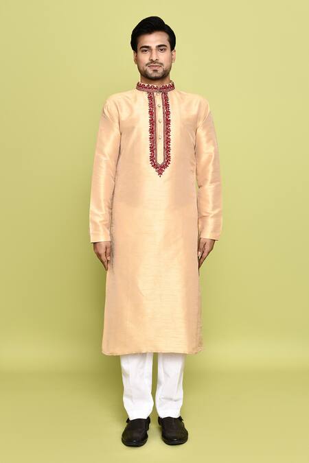 Shop_Arihant Rai Sinha_Gold Cotton, Silk Embroidery Contrast Straight Kurta With Pant _Online_at_Aza_Fashions