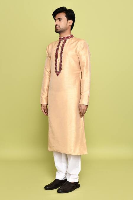 Arihant Rai Sinha_Gold Cotton, Silk Embroidery Contrast Straight Kurta With Pant _at_Aza_Fashions