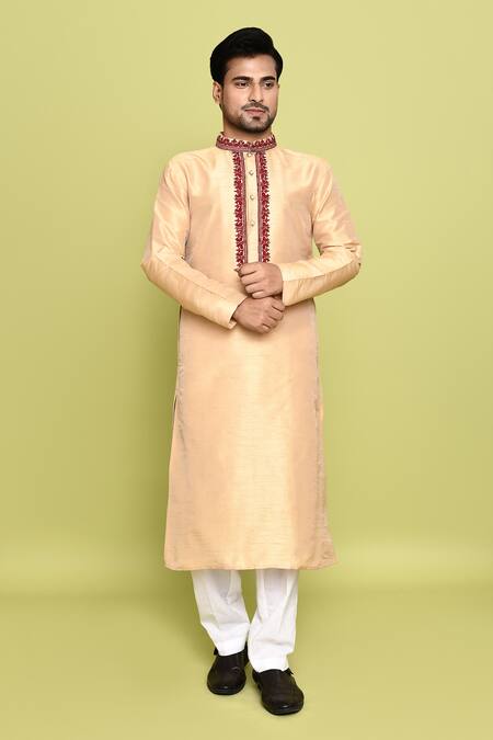 Buy_Arihant Rai Sinha_Gold Cotton, Silk Embroidery Contrast Straight Kurta With Pant 