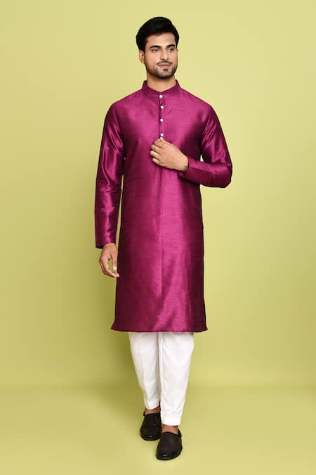 Arihant Rai Sinha Purple Raw Silk Solid Front Placket Kurta With Pant 