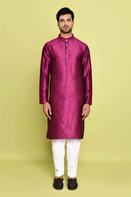 Shop_Arihant Rai Sinha_Purple Cotton, Silk Front Placket Solid Kurta With Pant _Online_at_Aza_Fashions
