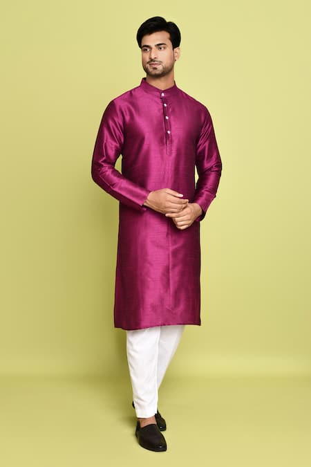 Buy_Arihant Rai Sinha_Purple Cotton, Silk Front Placket Solid Kurta With Pant 
