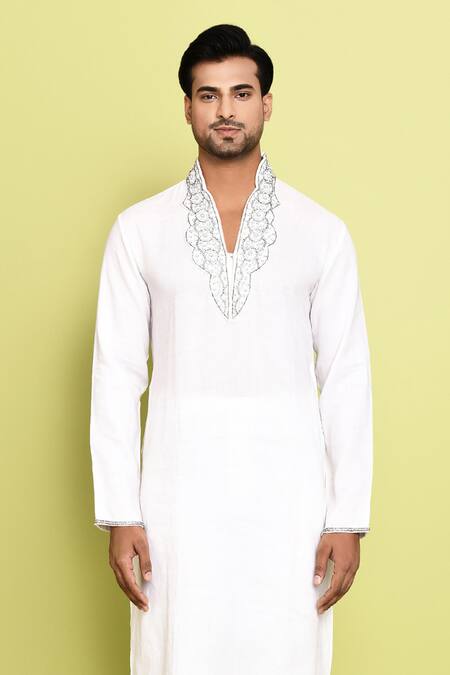 Buy Arihant Rai Sinha Off White Cotton Embroidery Neck Kurta With Pant Online at Aza Fashions Buy_Arihant Rai Sinha_Off White Cotton Embroidery Neck Kurta With Pant _Online_at_Aza_Fashions