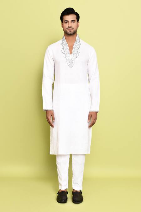 Shop_Arihant Rai Sinha_Off White Cotton Embroidery Neck Kurta With Pant _Online_at_Aza_Fashions