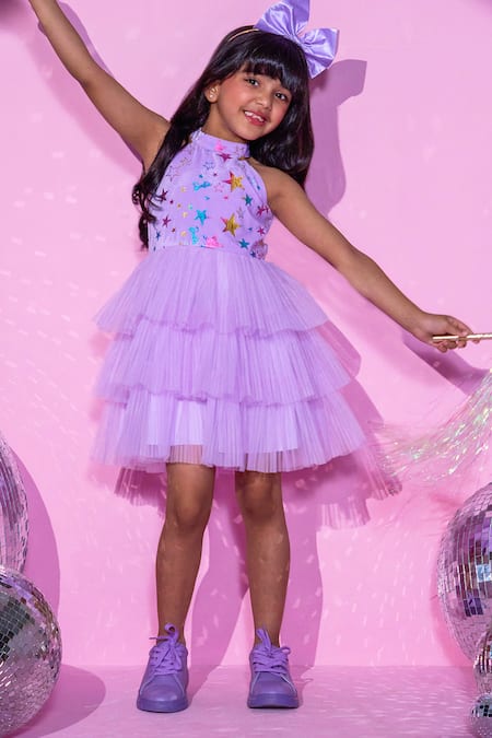 LIL DRAMA Foil Print Barbie Star Print Ruffle Tiered Dress 