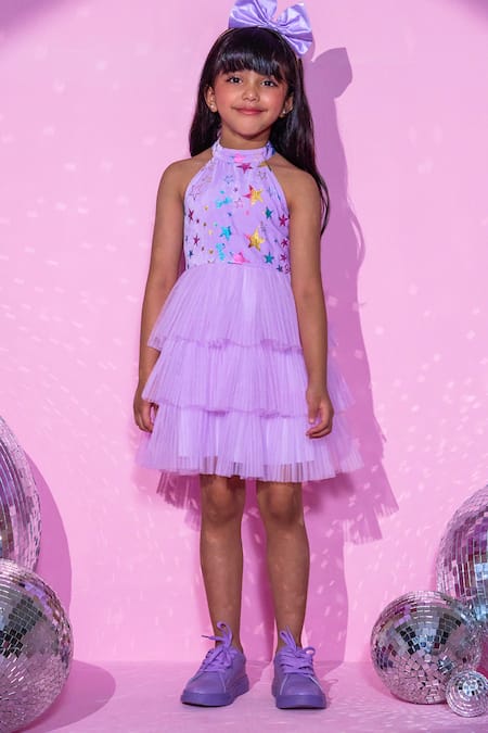 Lil Drama Purple Polyester, Cotton Foil Printing Halter Neck Ruffle Dress Online at Aza Fashions Lil Drama_Purple Polyester, Cotton Foil Printing Halter Neck Ruffle Dress_Online_at_Aza_Fashions