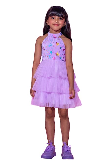 Buy Lil Drama Purple Polyester, Cotton Foil Printing Halter Neck Ruffle Dress Online at Aza Fashions Buy_Lil Drama_Purple Polyester, Cotton Foil Printing Halter Neck Ruffle Dress_Online_at_Aza_Fashions