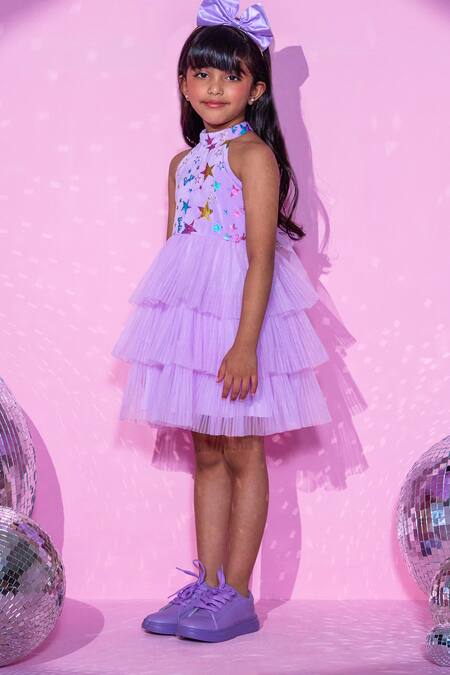 Shop Lil Drama Purple Polyester, Cotton Foil Printing Halter Neck Ruffle Dress Online at Aza Fashions Shop_Lil Drama_Purple Polyester, Cotton Foil Printing Halter Neck Ruffle Dress_Online_at_Aza_Fashions