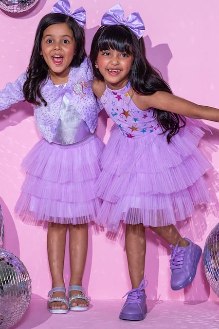 Shop Lil Drama Purple Polyester, Cotton Foil Printing Halter Neck Ruffle Dress Shop_Lil Drama_Purple Polyester, Cotton Foil Printing Halter Neck Ruffle Dress