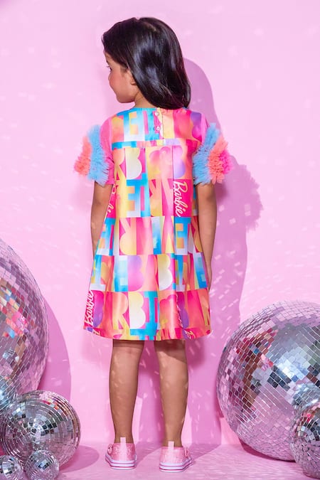 Shop_Lil Drama_Pink Satin, Polyester Barbie Print A-line Dress _at_Aza_Fashions