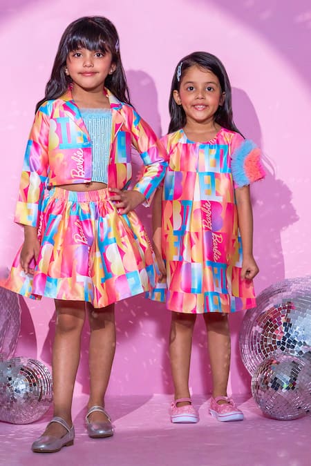 Lil Drama_Pink Satin, Polyester Barbie Print A-line Dress _at_Aza_Fashions