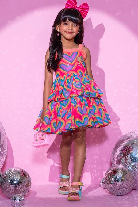 Lil Drama_Peach Polyester, Cotton Embroidery, Barbie Heart Print Layered Shimmery Dress_Online_at_Aza_Fashions