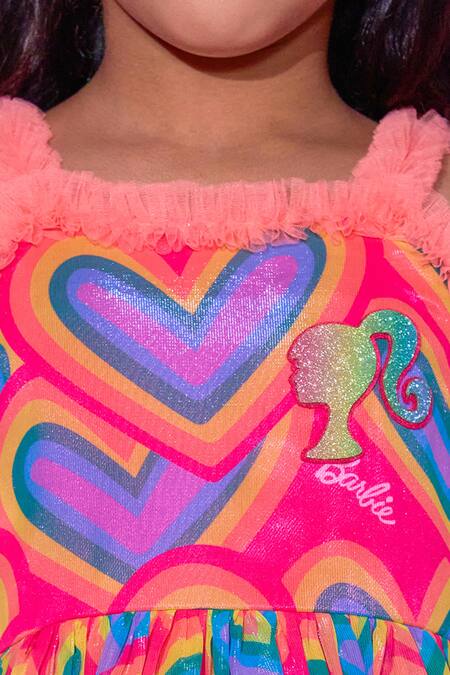Shop_Lil Drama_Peach Polyester, Cotton Embroidery, Barbie Heart Print Layered Shimmery Dress_Online_at_Aza_Fashions