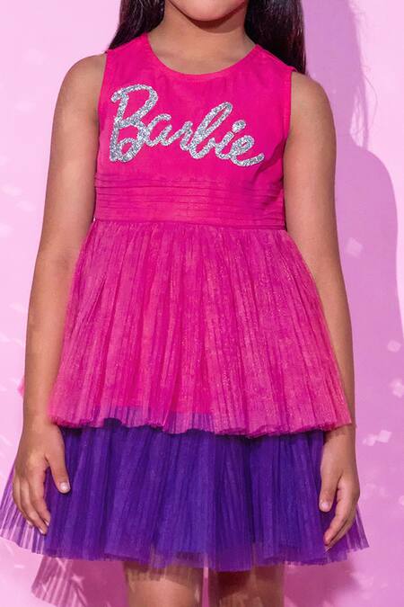 Buy_Lil Drama_Pink Polyester, Cotton, Crepe Diamonds Barbie Patch Embroidered Layered Dress _Online_at_Aza_Fashions