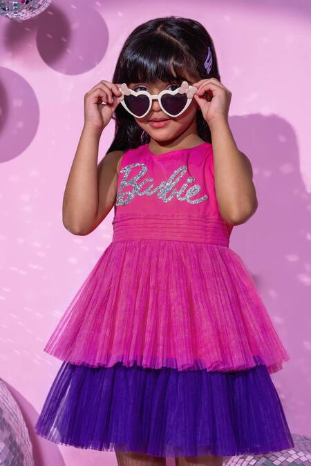 Shop_Lil Drama_Pink Polyester, Cotton, Crepe Diamonds Barbie Patch Embroidered Layered Dress _Online_at_Aza_Fashions