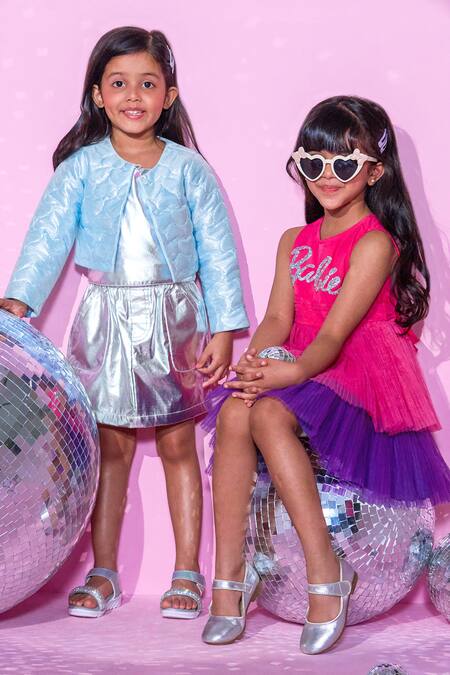 Lil Drama_Pink Polyester, Cotton, Crepe Diamonds Barbie Patch Embroidered Layered Dress _at_Aza_Fashions