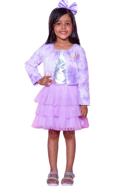 Buy_Lil Drama_Purple Fur, Polyester Embroidery Barbie Patch Jacket _Online_at_Aza_Fashions