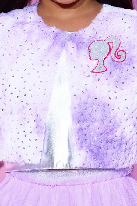 Lil Drama_Purple Fur, Polyester Embroidery Barbie Patch Jacket _at_Aza_Fashions