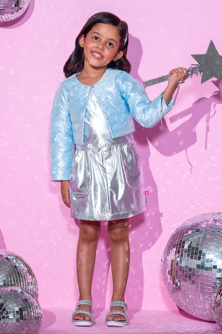 LIL DRAMA Blue Quilted Fabric Lining Butter Crepe Shimmery Heart Rockstar Jacket