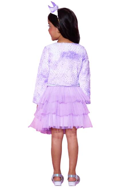 Lil Drama Purple Fur, Polyester Sequins, Embroidery Barbie Patch Jacket Tiered Skirt Set at Aza Fashions Lil Drama_Purple Fur, Polyester Sequins, Embroidery Barbie Patch Jacket Tiered Skirt Set _at_Aza_Fashions