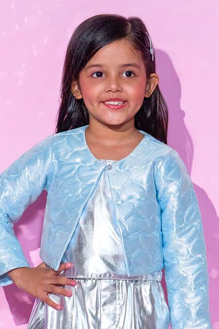 Shop_Lil Drama_Blue Polyester Embroidery Shimmery Heart Quilted Rockstar Jacket Skirt Set _Online_at_Aza_Fashions