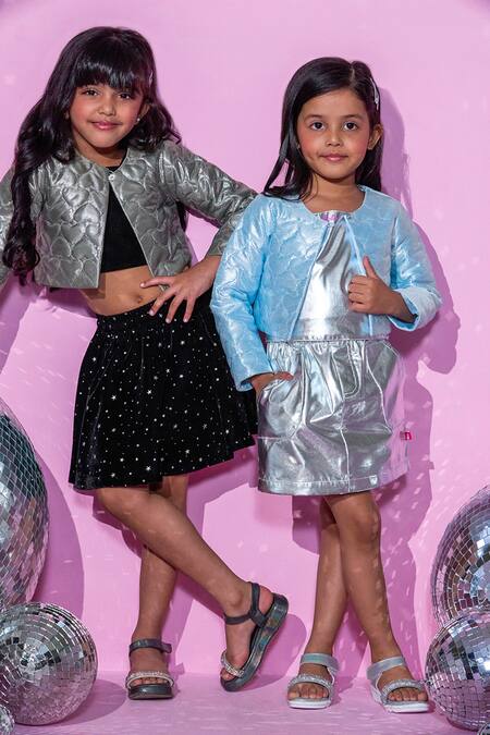 Shop_Lil Drama_Blue Polyester Embroidery Shimmery Heart Quilted Rockstar Jacket Skirt Set 