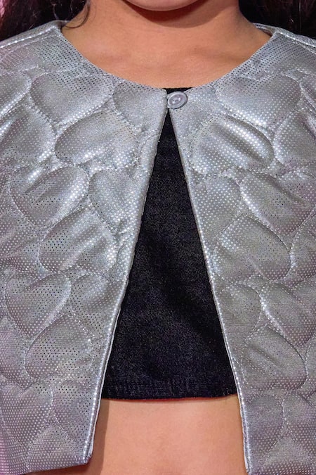 Lil Drama_Black Polyester Embroidery Heart Quilted Rockstar Jacket Skirt Set _at_Aza_Fashions