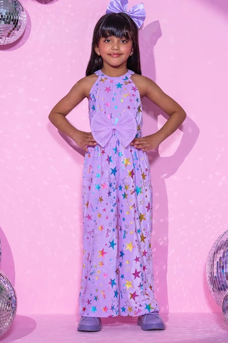 LIL DRAMA Purple Printed Velvet Barbie Star Jumpsuit 