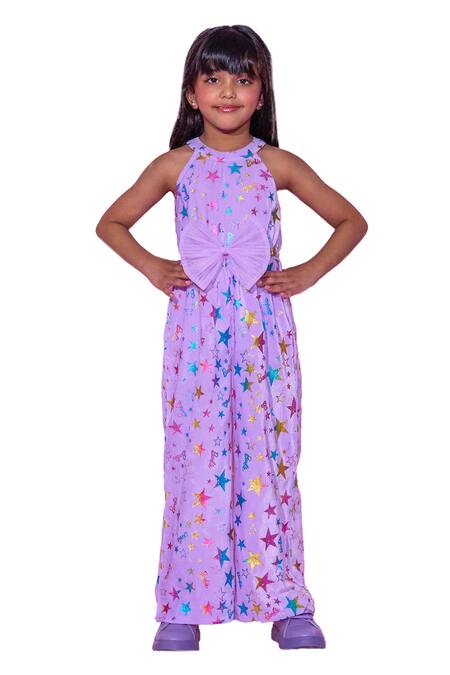 Buy_Lil Drama_Purple Polyester, Cotton Foil Printing Star Jumpsuit _Online_at_Aza_Fashions