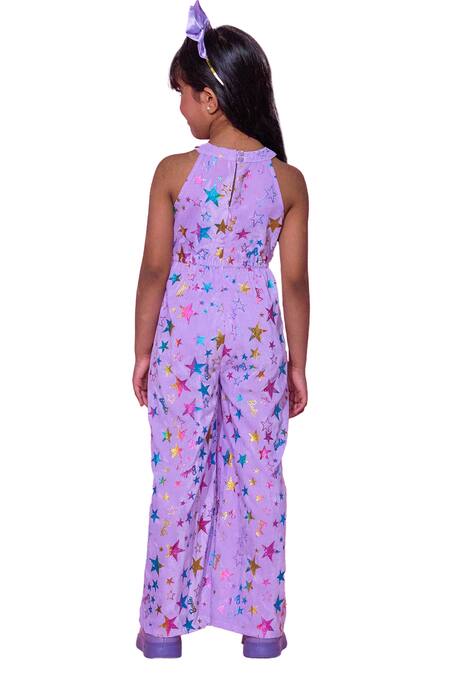 Lil Drama_Purple Polyester, Cotton Foil Printing Star Jumpsuit _at_Aza_Fashions